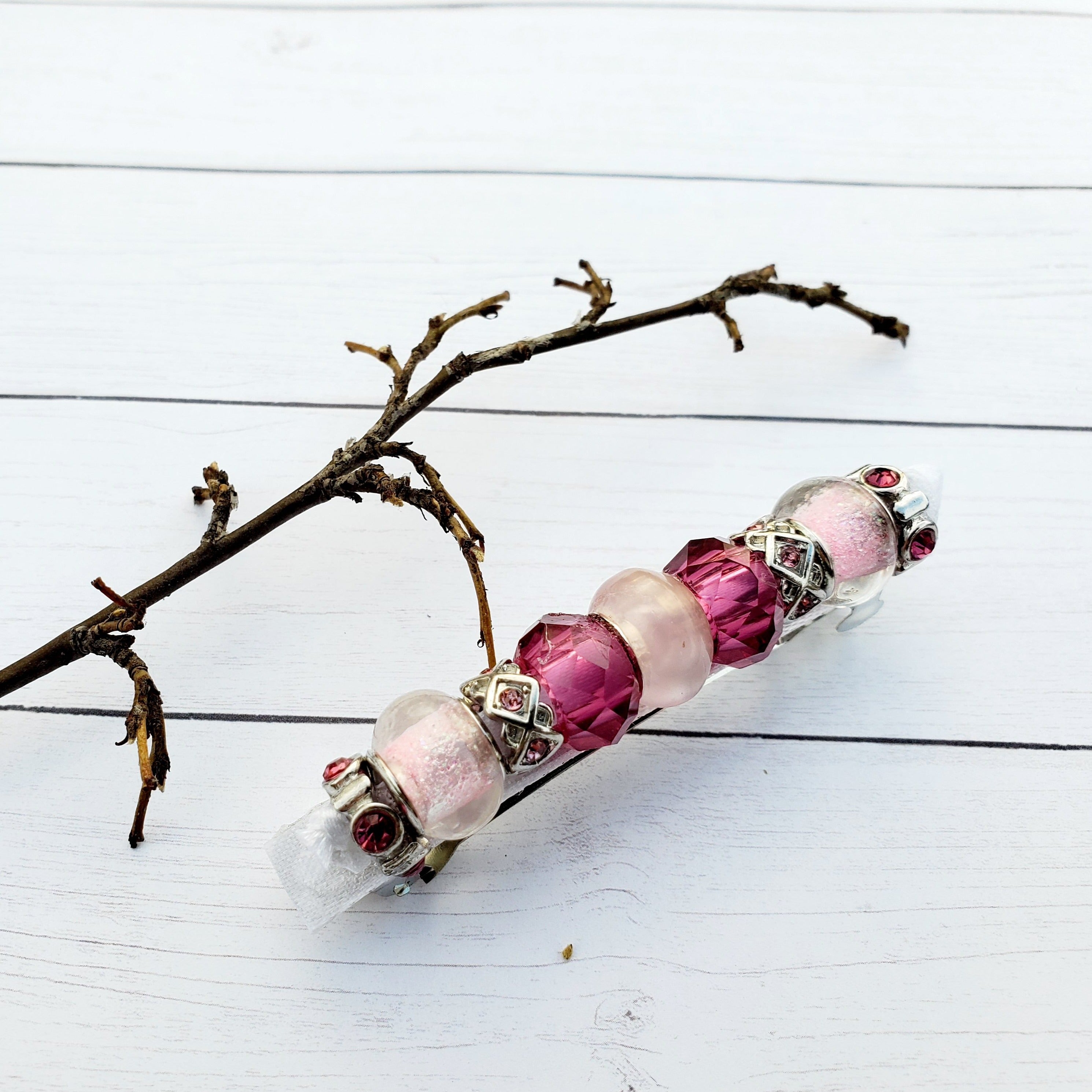 Beaded Metal Lined Glass  Pink  barrettes